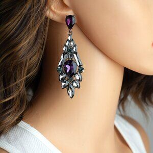 Share BriLove Chandelier Earrings 3.5” Purple Gray Crystal Statement Drop Boxed